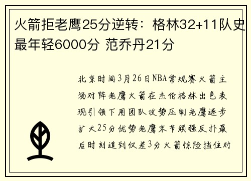 火箭拒老鹰25分逆转：格林32+11队史最年轻6000分 范乔丹21分